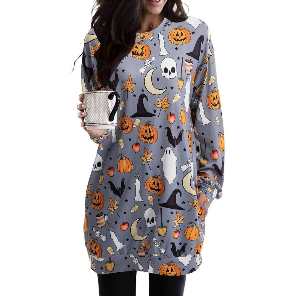 Women's Halloween Pumpkin Sweatshirt Black Cat Crewneck Long Sleeve Top